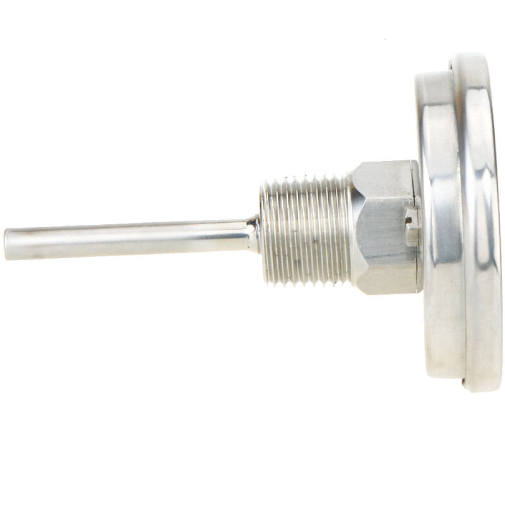 Ein Metallthermometer mit Fühler, Gewindeteil und kreisförmigem Zifferblatt, horizontal vor weißem Hintergrund.
