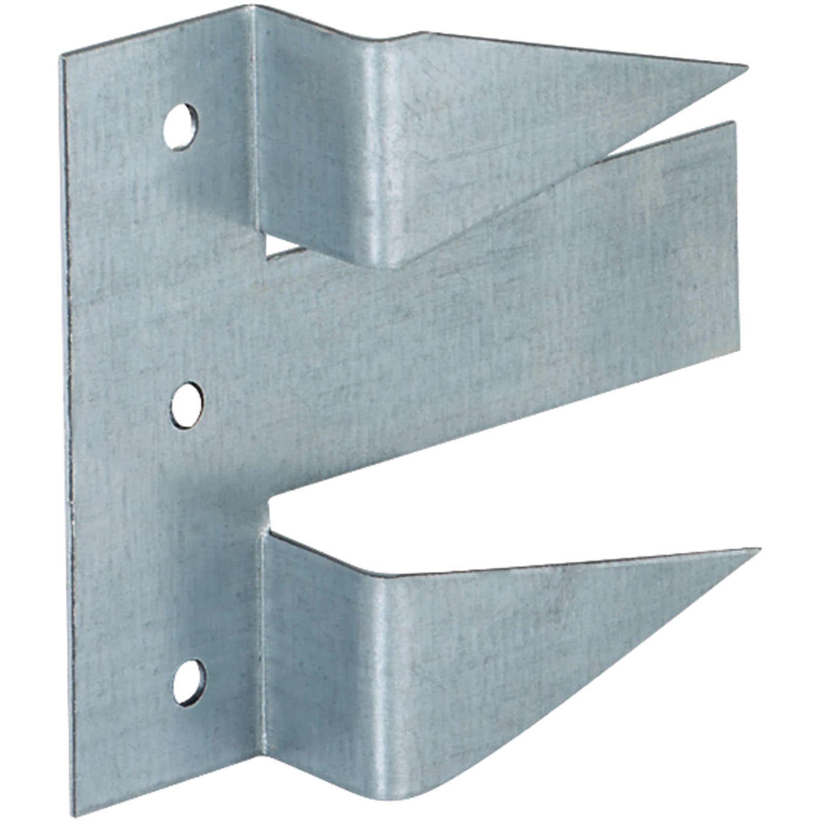 Eine verzinkte Metallhalterung mit drei Löchern und zwei abgewinkelten Zinken. Sie dient zum Halten oder Verbinden von Objekten.
