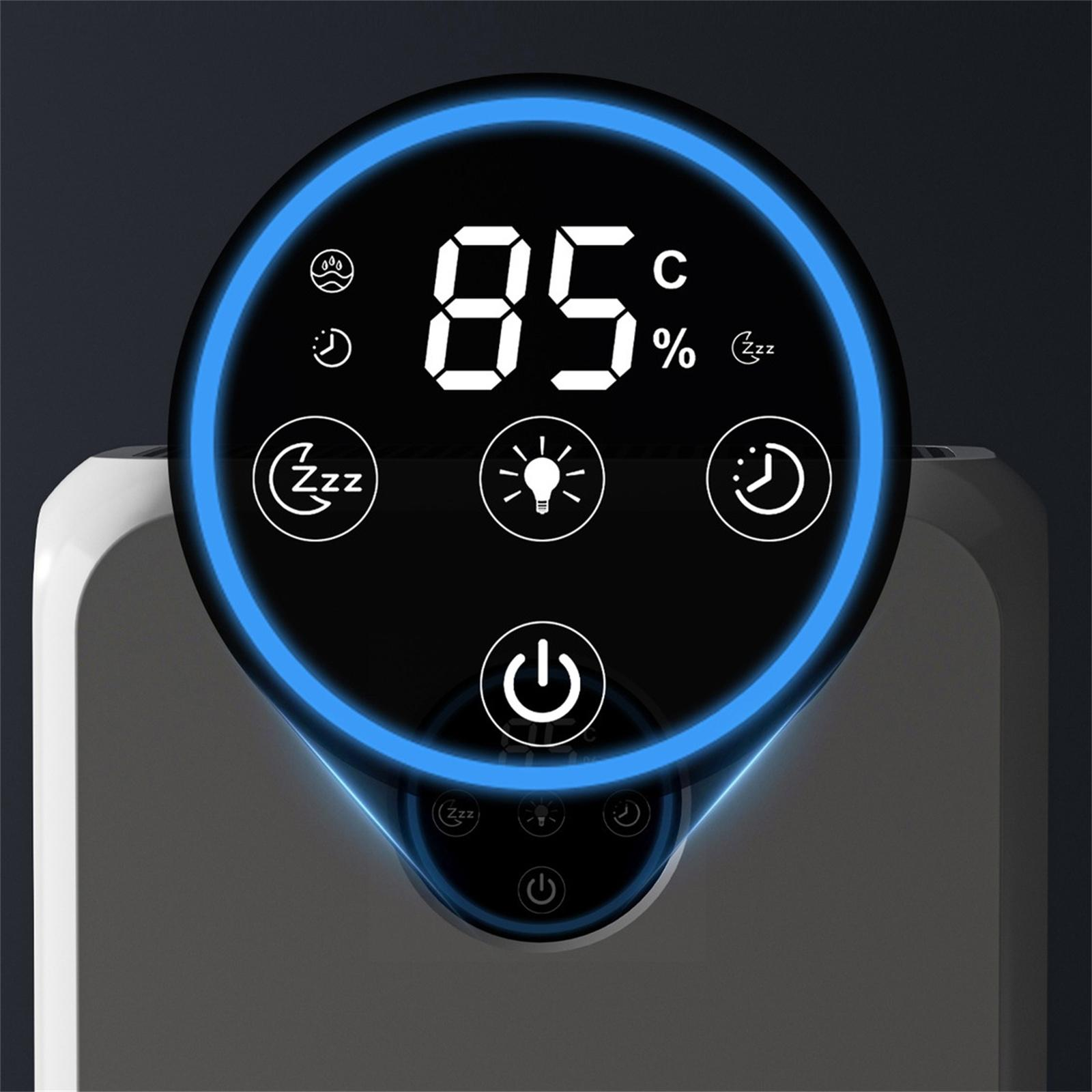 Ein digitales Display zeigt 85°C, Luftfeuchtigkeit und verschiedene Symbole. Ein blauer Ring umgibt das Display, und ein Netzschalter ist sichtbar.