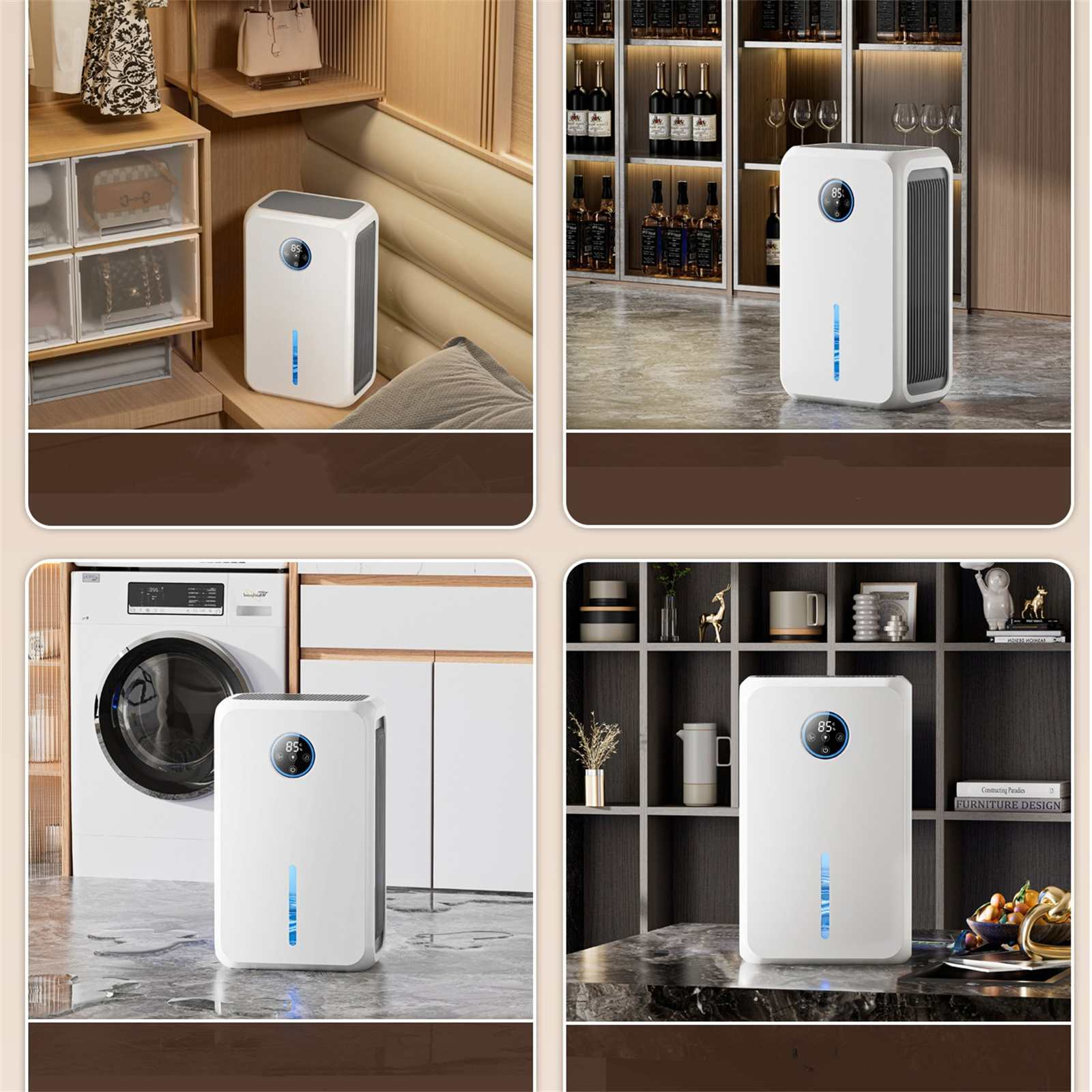 Ein weißer Luftentfeuchter mit Digitalanzeige. Er steht in verschiedenen Umgebungen: Kleiderschrank, Bar, Waschküche und Regal.