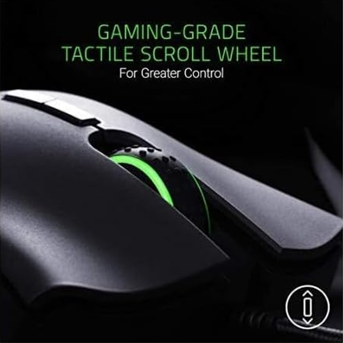 Eine schwarze Gaming-Maus mit einem grün beleuchteten Scrollrad. Text: 'Gaming-Grade Tactile Scroll Wheel' für mehr Kontrolle.