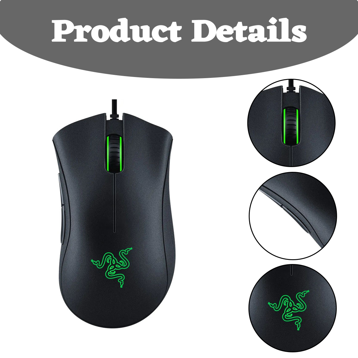 Schwarze Razer-Gaming-Maus mit grünen Akzenten und Logo. Detaillierte Ansichten zeigen das Scrollrad und die Seitentaste.