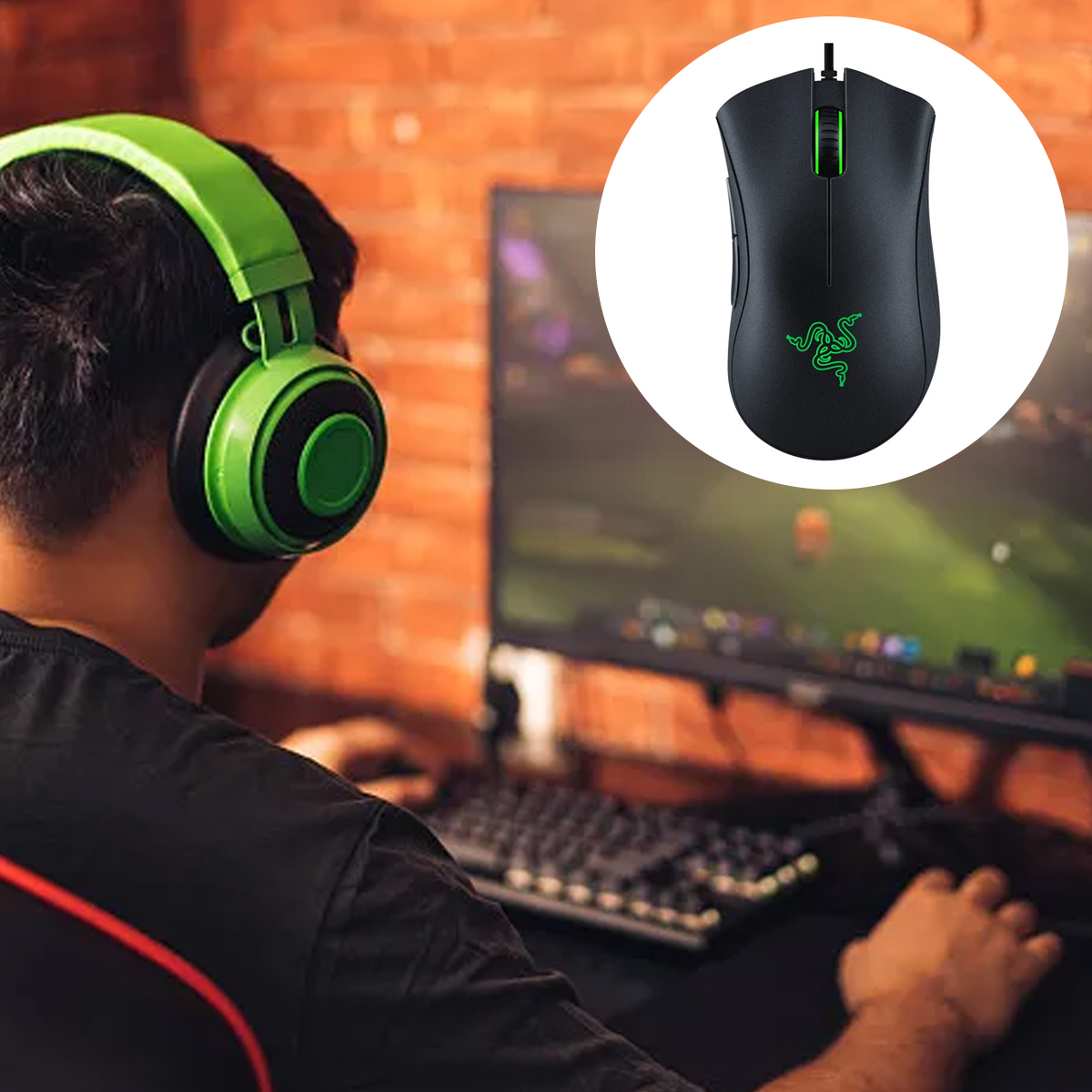 Eine Person benutzt einen Computer mit Headset, Tastatur und Maus. Eine schwarze Maus mit grünem Logo wird hervorgehoben.