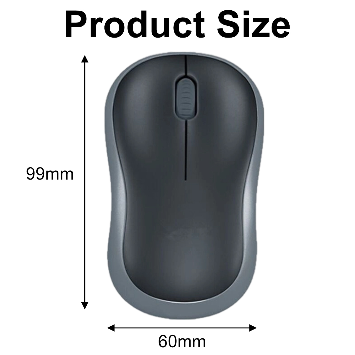 Draufsicht auf eine Computermaus, dunkelgrau und hellgrau, mit den Maßen: 99 mm Höhe, 60 mm Breite. Text 'Produktgröße' oben.