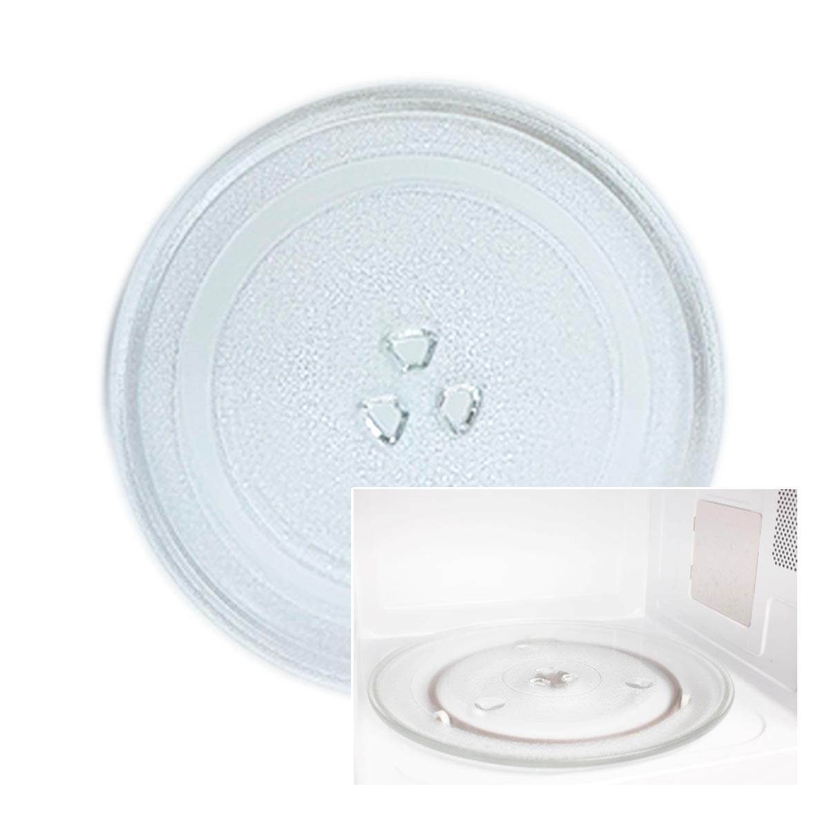 Se muestra un plato de microondas de cristal transparente con tres soportes. En la esquina inferior derecha hay un interior de microondas con un plato similar.