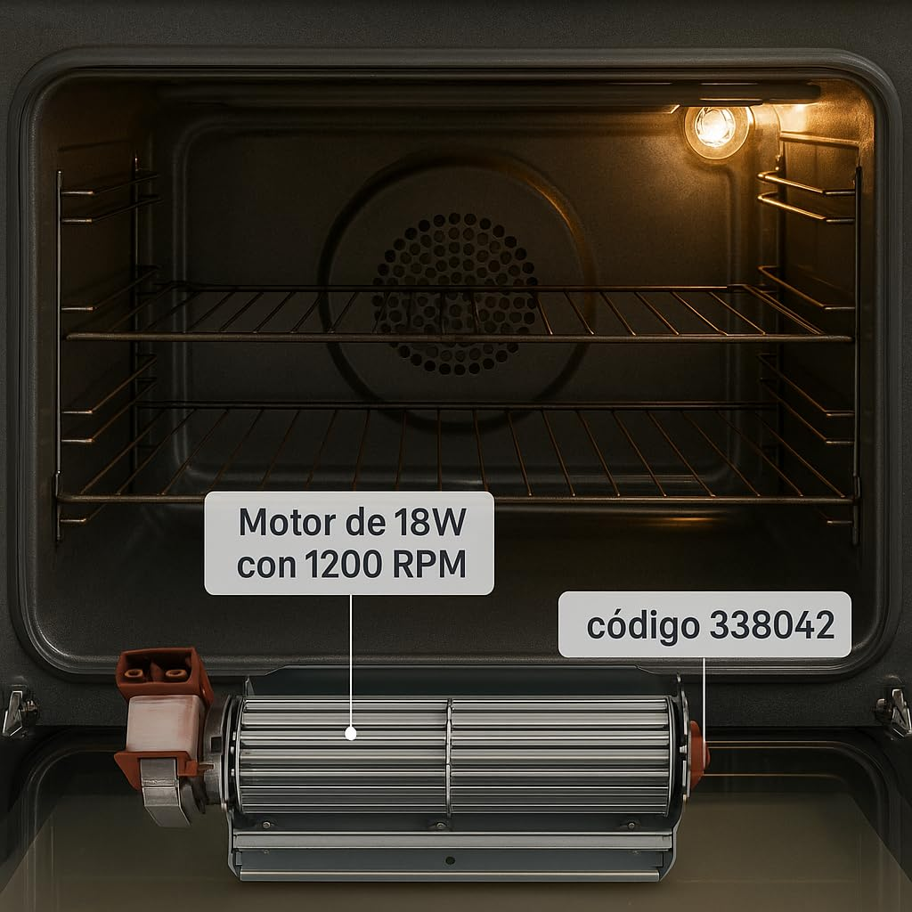 Interior de un horno con rejillas, un ventilador y una luz. Las etiquetas de texto indican especificaciones del motor y código de producto.