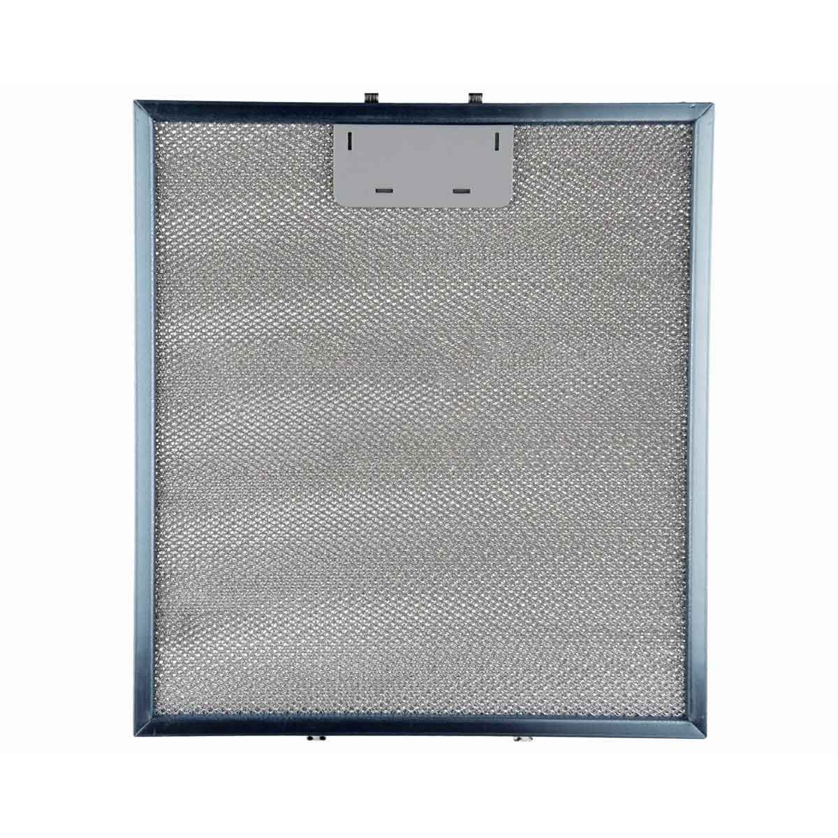 Un filtro de malla metálica rectangular con marco gris y una sección de plástico blanco en la parte superior. Aislado sobre fondo blanco.