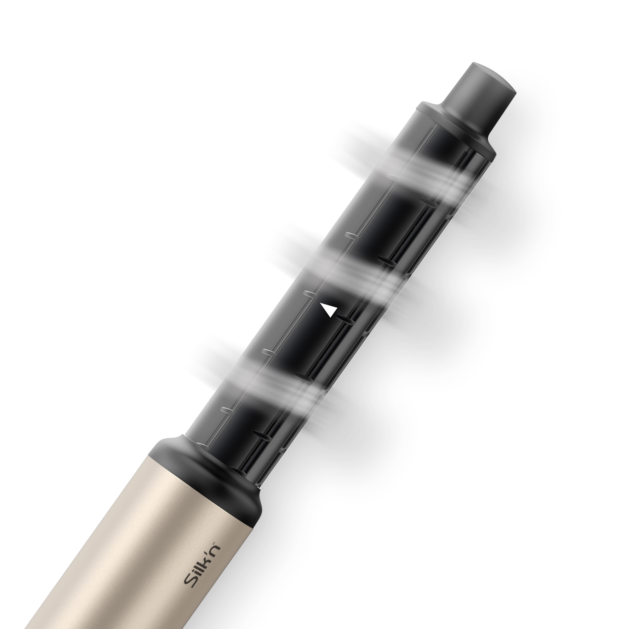 Ein schwarzer und goldener Vape Pen, abgewinkelt, mit Dampf, der aus der Mitte austritt. Der Markenname 'Silk'n' ist sichtbar.