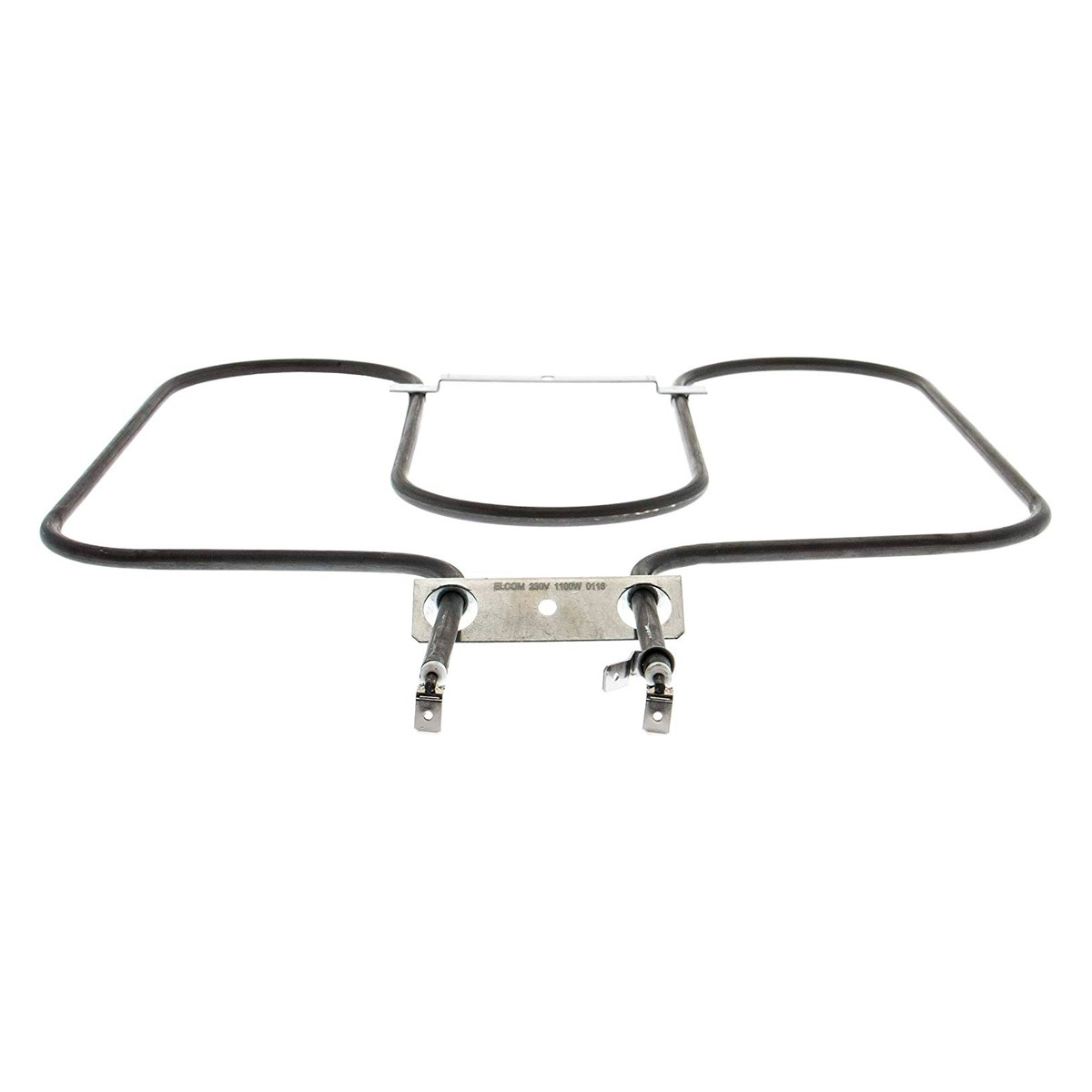 Un elemento calefactor de horno. Es negro y tiene forma rectangular con dos puntos de conexión y una placa metálica en el medio.