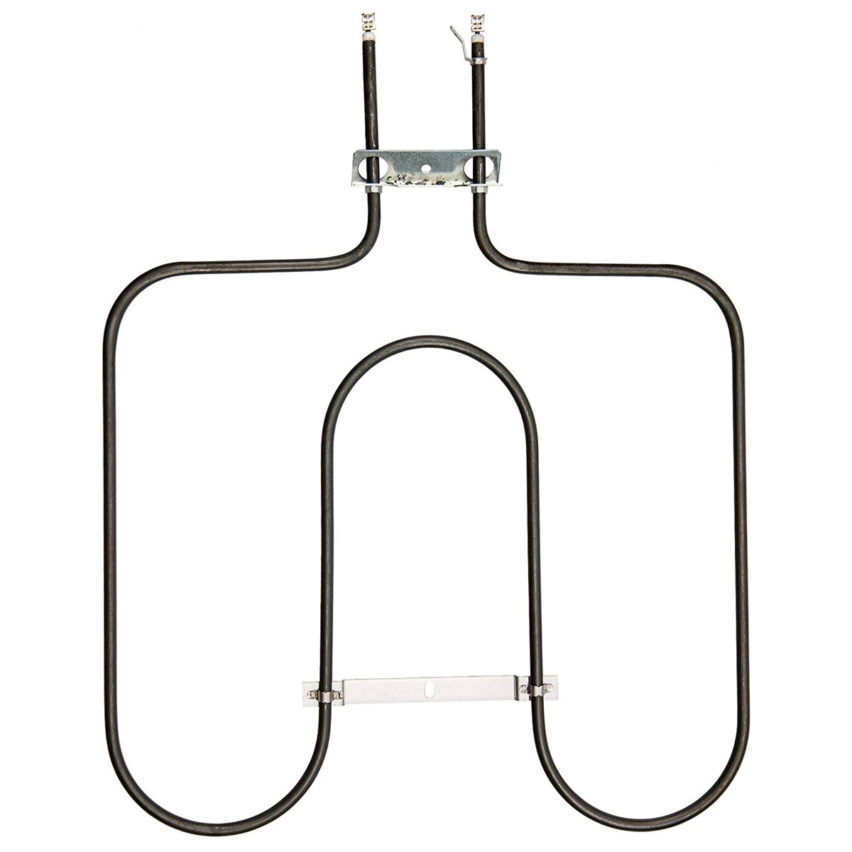 Un elemento calefactor de horno. Tiene forma de U con extensiones verticales en la parte superior, conectadas a un soporte metálico.