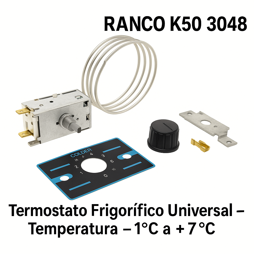 Un kit de termostato para refrigerador. Los componentes incluyen un dial, piezas metálicas y una unidad de control de temperatura. Texto: RANCO K50 3048.