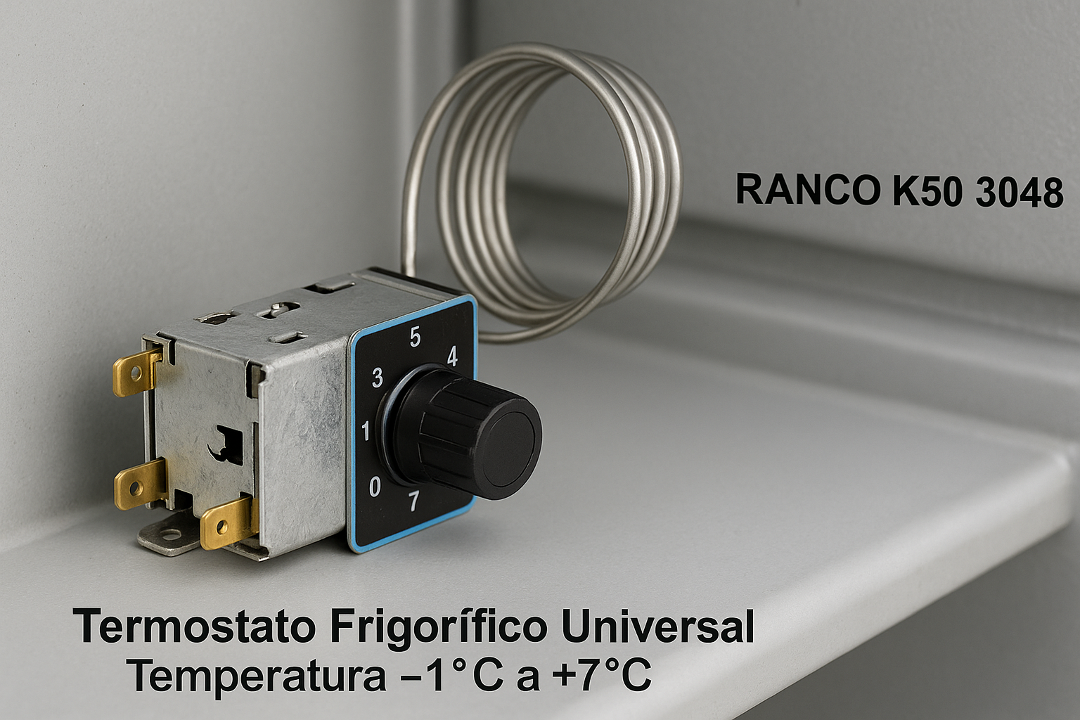 Un termostato de refrigerador con una perilla negra que muestra números. Un tubo de metal enrollado se extiende hacia arriba. Texto: RANCO y rango de temperatura.