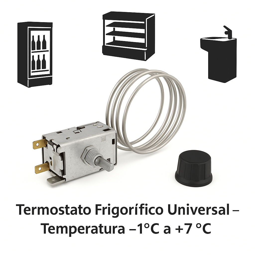 Se muestra un termostato, una bobina de alambre y una tapa negra. También hay siluetas de un refrigerador, una pantalla y un fregadero. El texto dice: Termostato -1°C a +7°C.