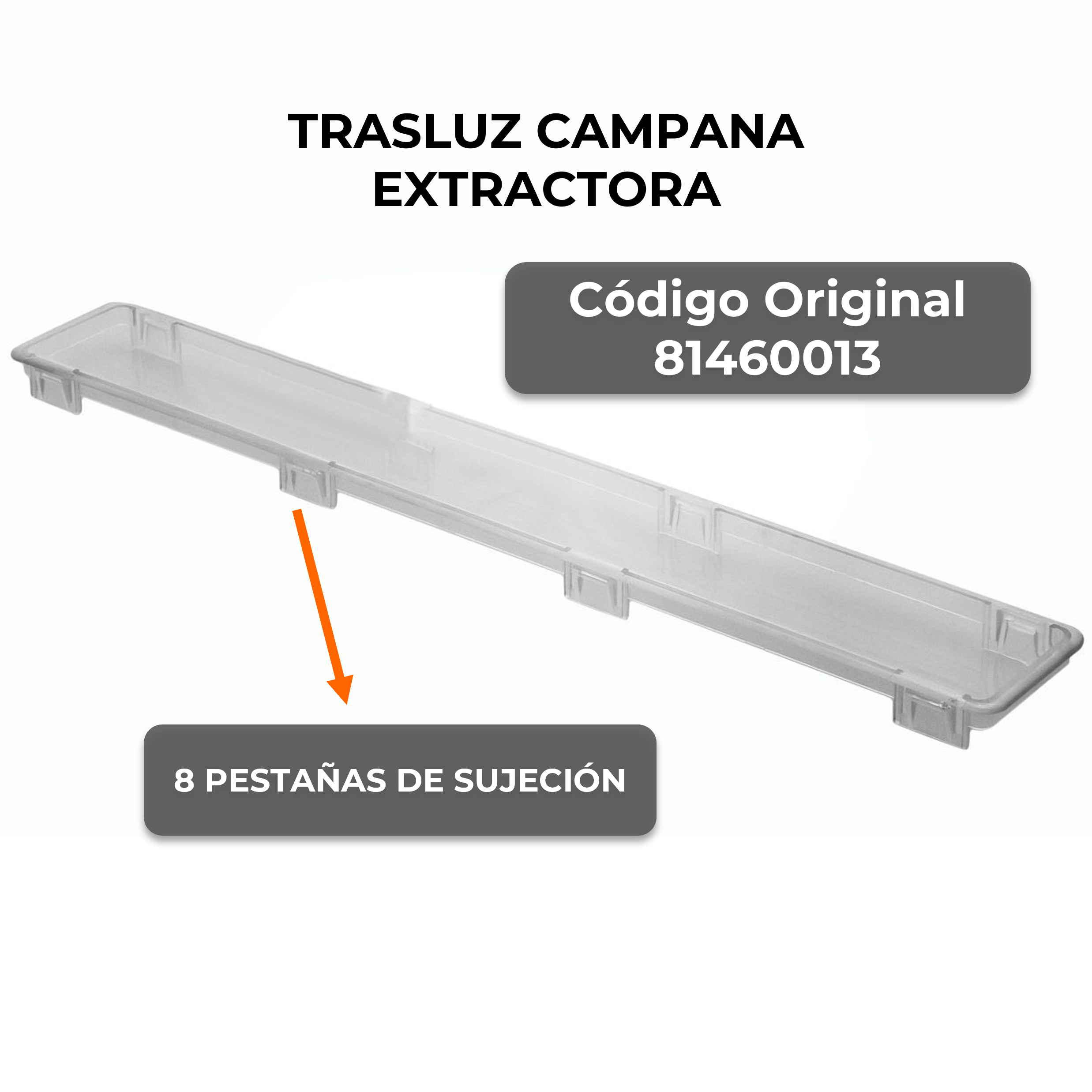 Una pieza de plástico transparente con etiquetas de texto y una flecha. Etiquetas: 'Trasluz Campana Extractora' y '8 pestañas de sujeción'.