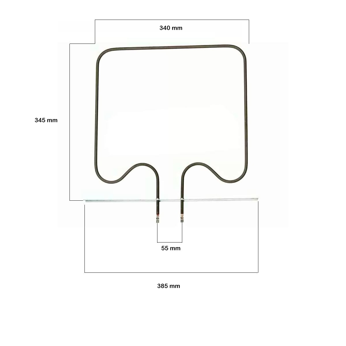 Un elemento calefactor de horno gris oscuro con forma rectangular. Se indican las dimensiones. Tiene dos partes curvas hacia abajo.
