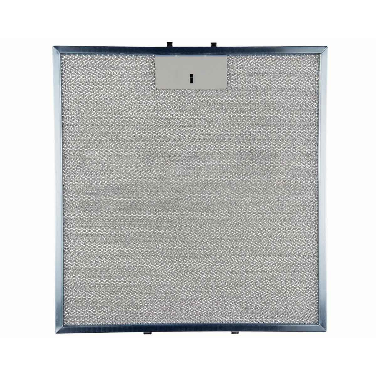 Un filtro rectangular de malla metálica con marco metálico gris. Un pequeño rectángulo gris con una raya negra en la parte superior.