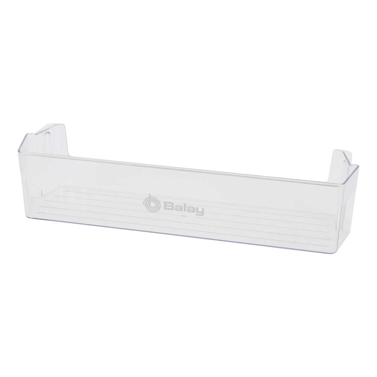 Un estante de refrigerador transparente y rectangular. Está hecho de plástico transparente. El logotipo de 'Balay' es visible en la parte delantera. El estante está vacío.