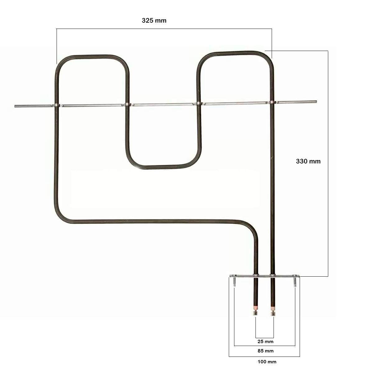 Un elemento calefactor de horno. Es un metal oscuro, doblado en forma rectangular. Se indican las dimensiones. El elemento tiene extremos conectores.