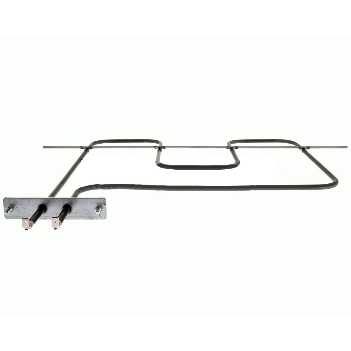 Un elemento calefactor negro para horno con forma rectangular y conectores metálicos plateados sobre fondo blanco.