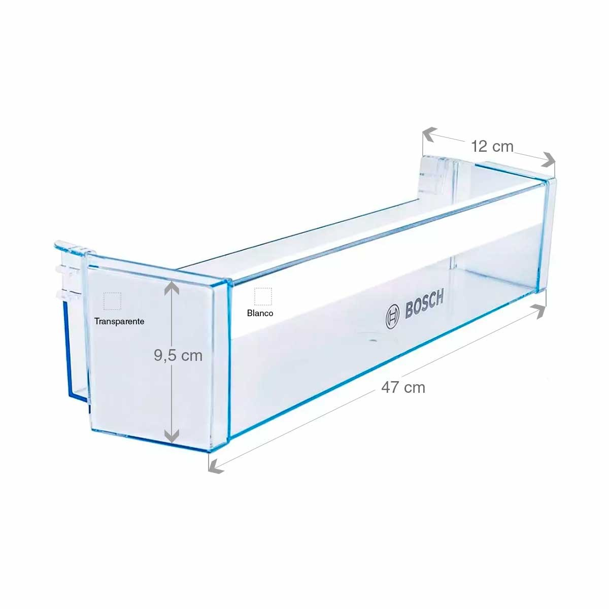 Un cajón de refrigerador Bosch blanco transparente. Dimensiones: 47cm largo, 9.5cm alto y 12cm ancho.