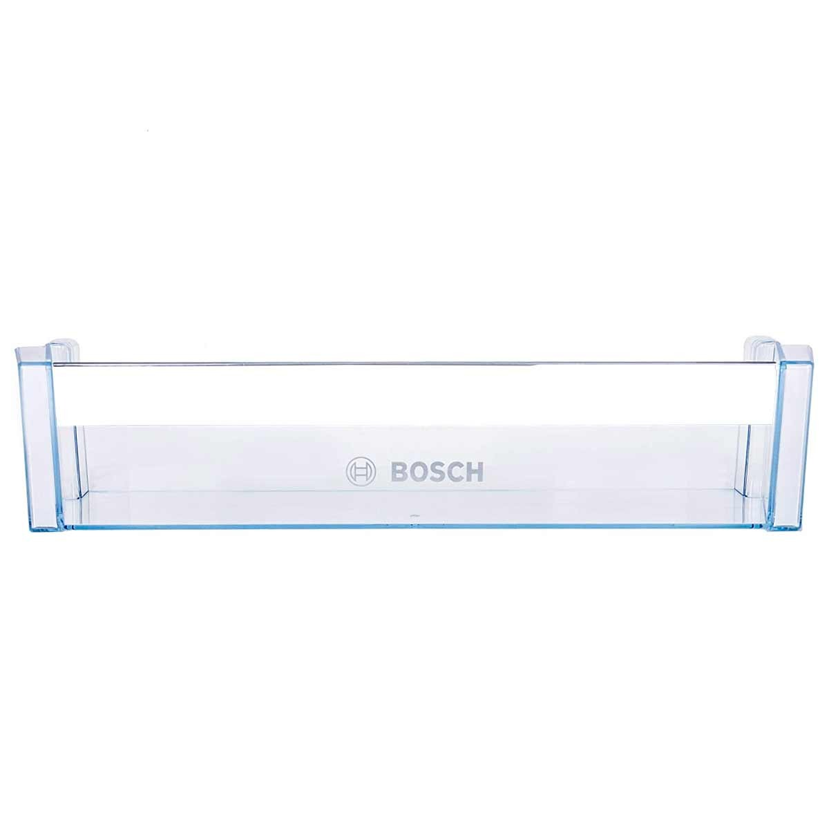 Un estante de refrigerador Bosch de plástico transparente. El estante es rectangular con borde azul. El logotipo de Bosch está al frente.