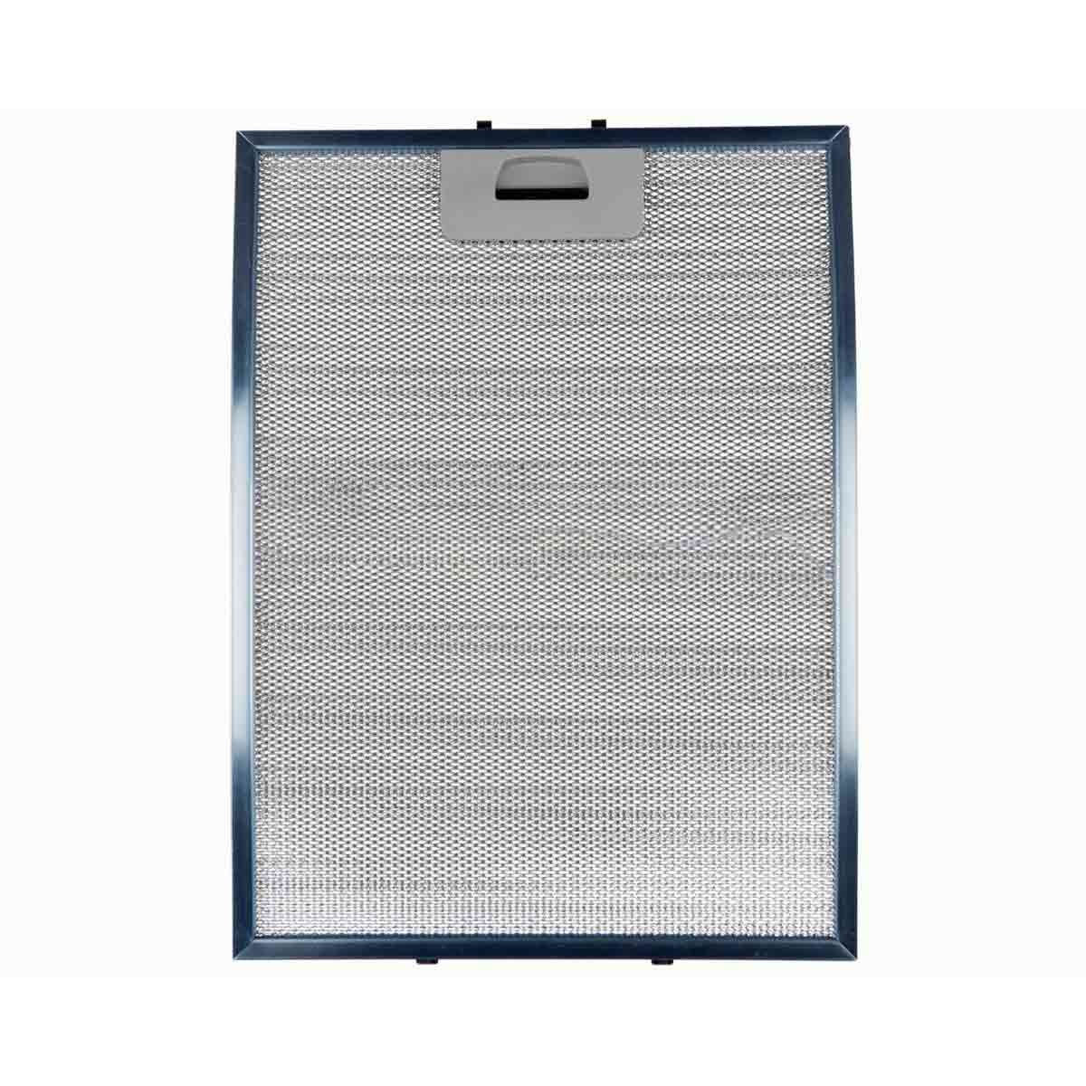 Un filtro metálico rectangular, con un patrón de malla. Tiene un marco oscuro y una manija gris claro en la parte superior. Aislado en blanco.