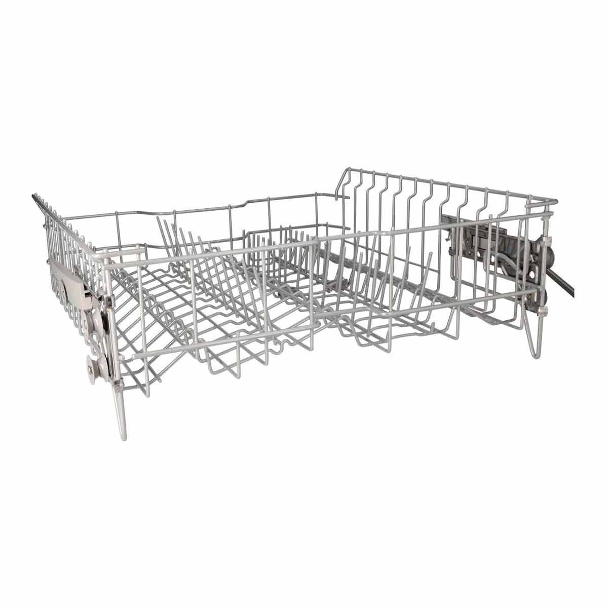 Una cesta de lavavajillas de acero inoxidable. La cesta tiene múltiples compartimentos y una estructura de alambre para platos.