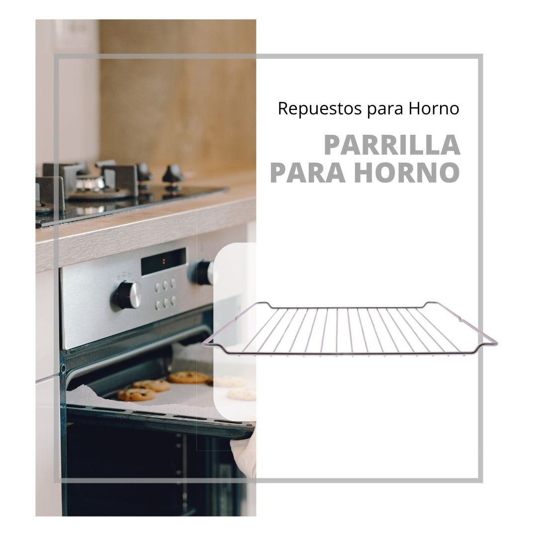 Un horno con una rejilla. El horno está abierto, revelando galletas en una bandeja para hornear. El texto dice 'Grill para Horno'.