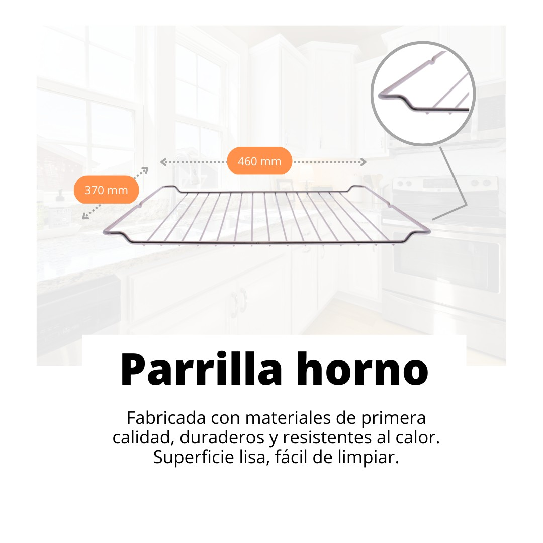 Una rejilla de horno con dimensiones etiquetadas. Un detalle muestra su diseño. Texto dice 'Parrilla horno' y describe sus características.