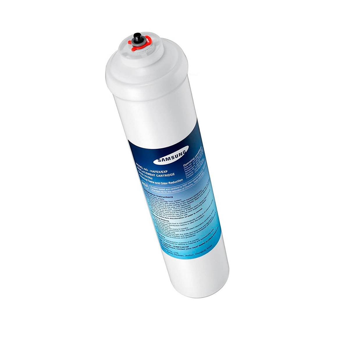 Un cartucho de filtro de agua Samsung blanco con etiqueta azul. La parte superior tiene un componente negro y rojo.