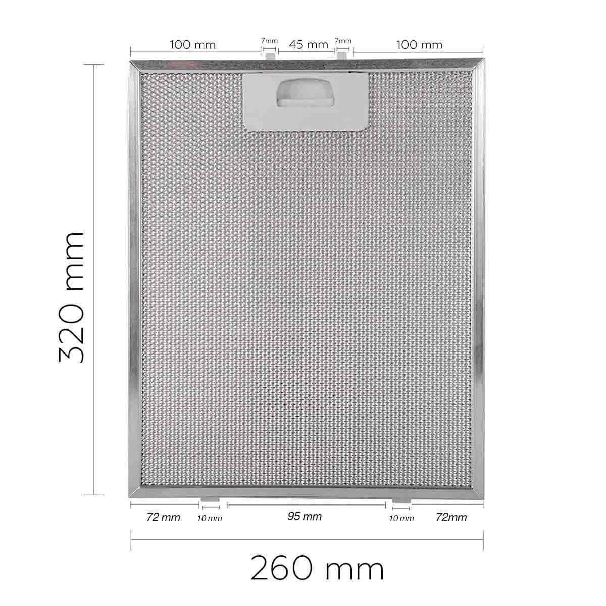 Filtro de malla metálica, probablemente para campana extractora, con dimensiones: 320mm x 260mm. Incluye asa y marco con medidas.