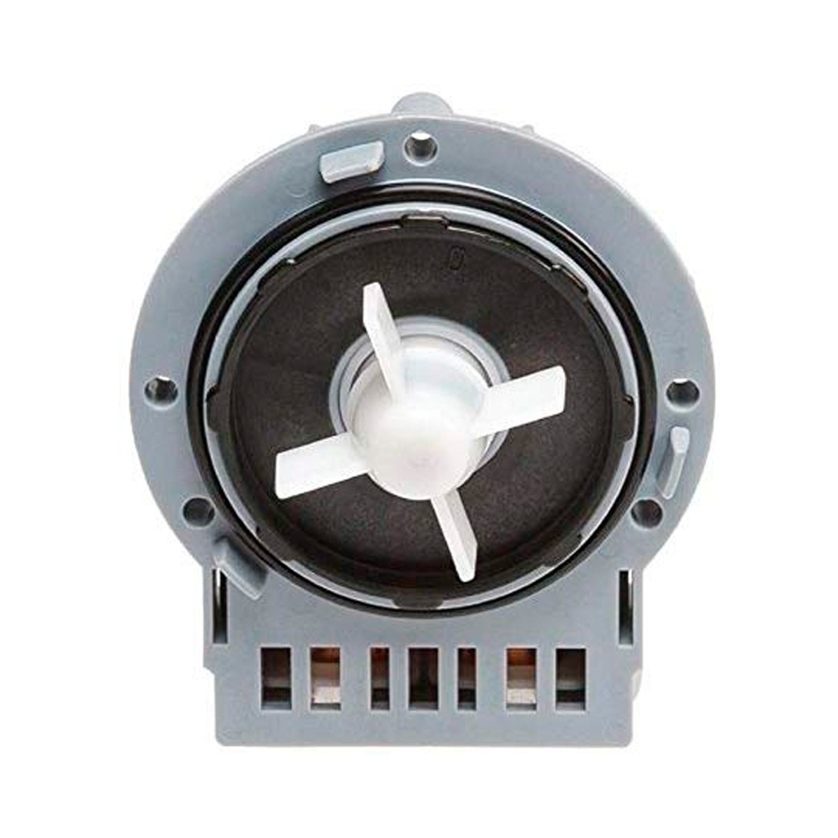 Una bomba gris de lavadora con impulsor blanco. La bomba tiene un diseño circular con base rectangular y ranuras de ventilación.