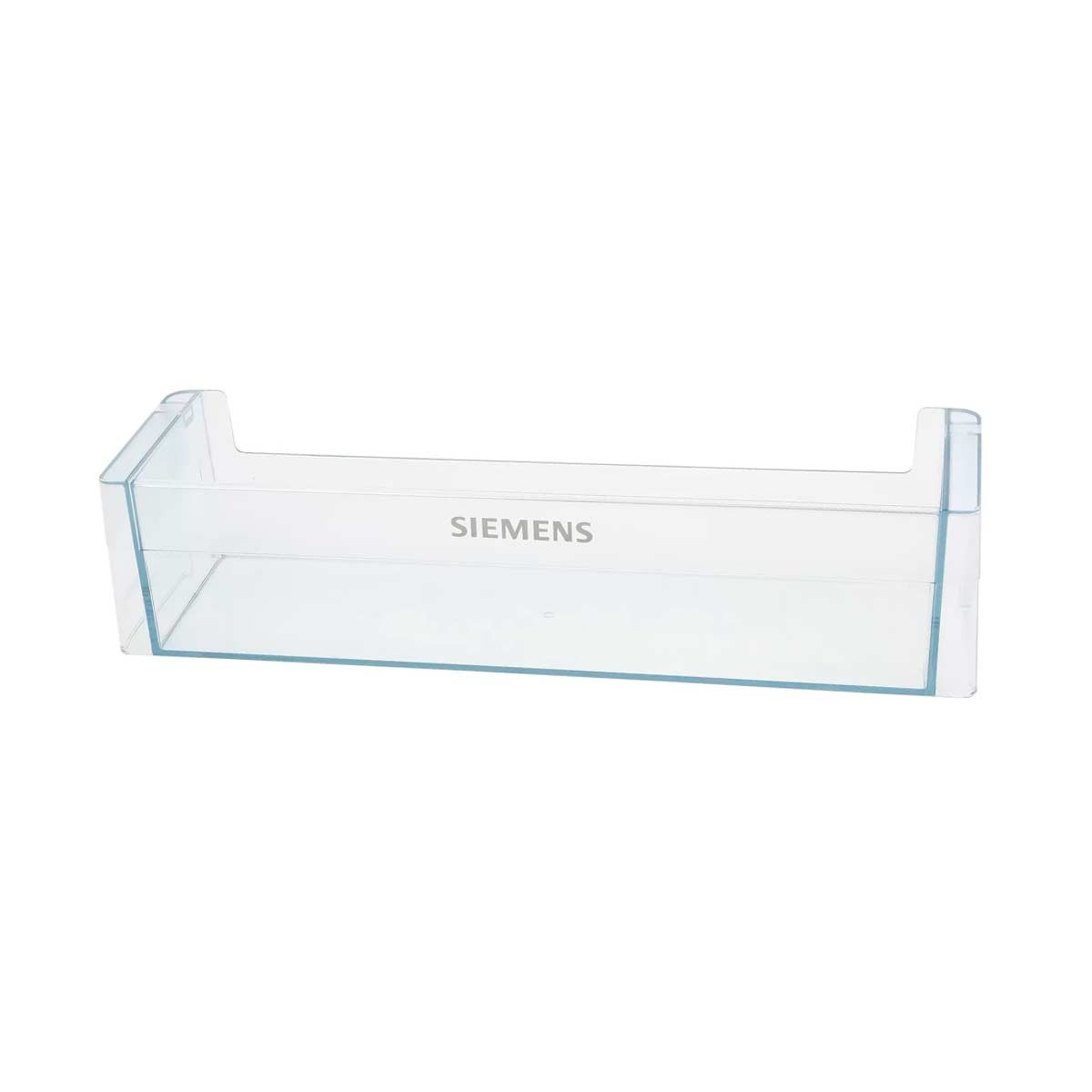 Un estante transparente y rectangular de refrigerador Siemens con contorno azul claro. El estante está vacío y sobre fondo blanco.