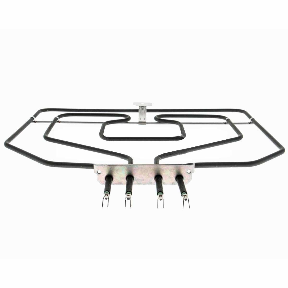 Un elemento calefactor negro para horno con placa metálica y cuatro terminales de conexión, sobre fondo blanco.