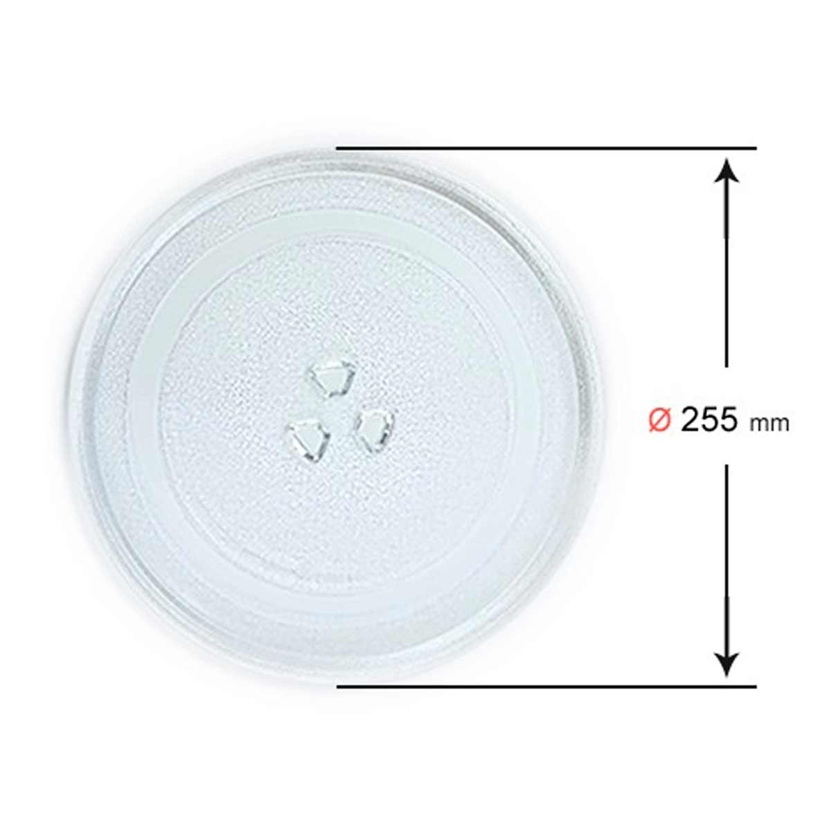 Un plato de microondas redondo y transparente. Tiene un diámetro de 255 mm, indicado por flechas y texto. Se ven tres pequeñas protuberancias.