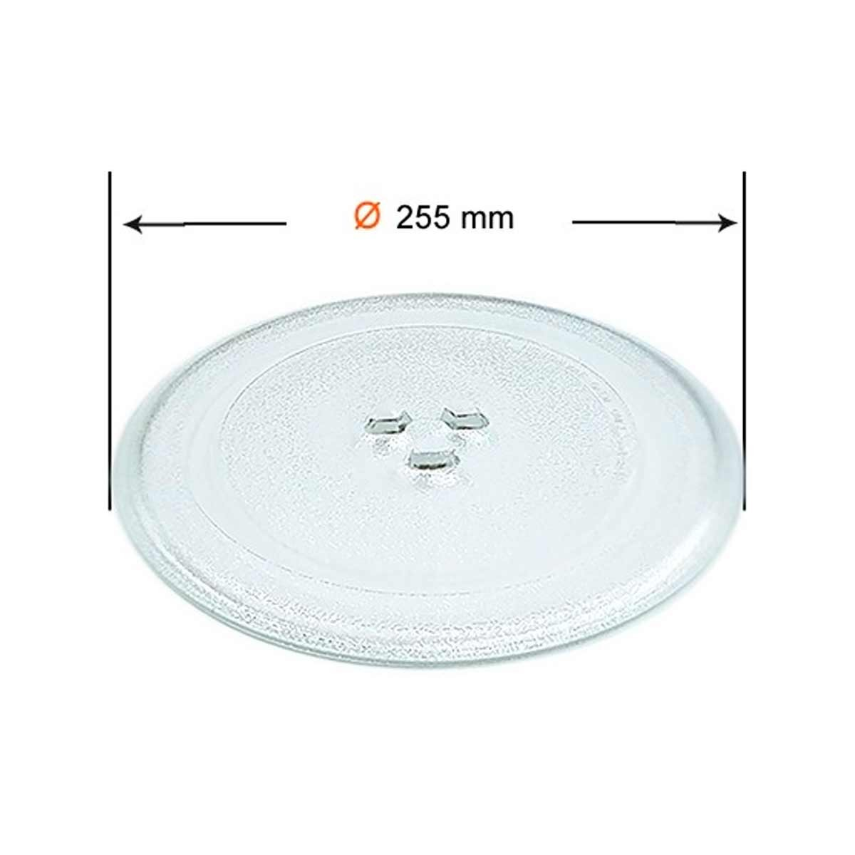 Un plato de microondas de vidrio transparente con tres hendiduras. Una línea negra con flechas indica un diámetro de 255 mm.