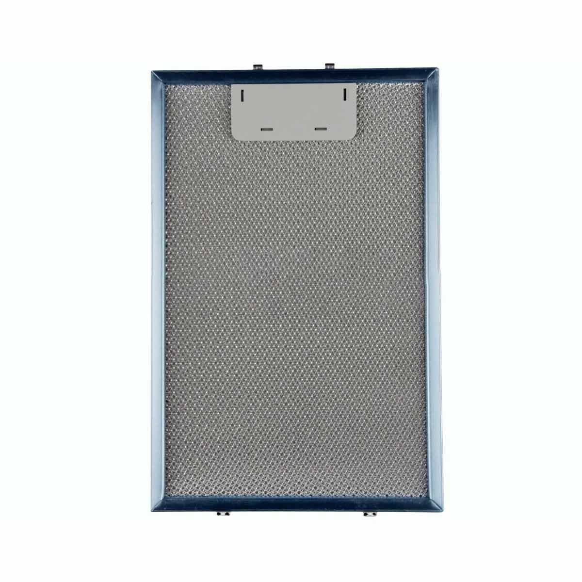 Un filtro rectangular de malla metálica con un marco azul claro y una sección superior rectangular gris claro con pequeños detalles negros.