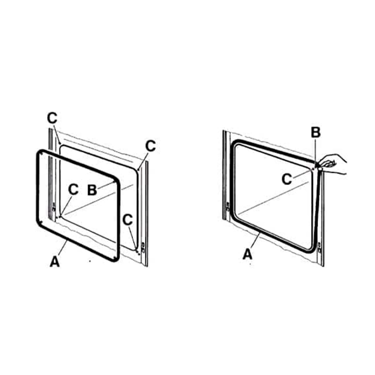 Diagrama de una ventana con etiquetas A, B y C. Una ventana está abierta, la otra cerrada. Se muestra una mano abriendo una.