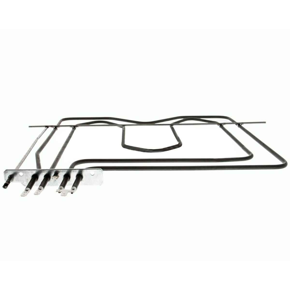 Elemento calefactor de horno, de metal oscuro, con forma rectangular y múltiples terminales de conexión. Fondo blanco.