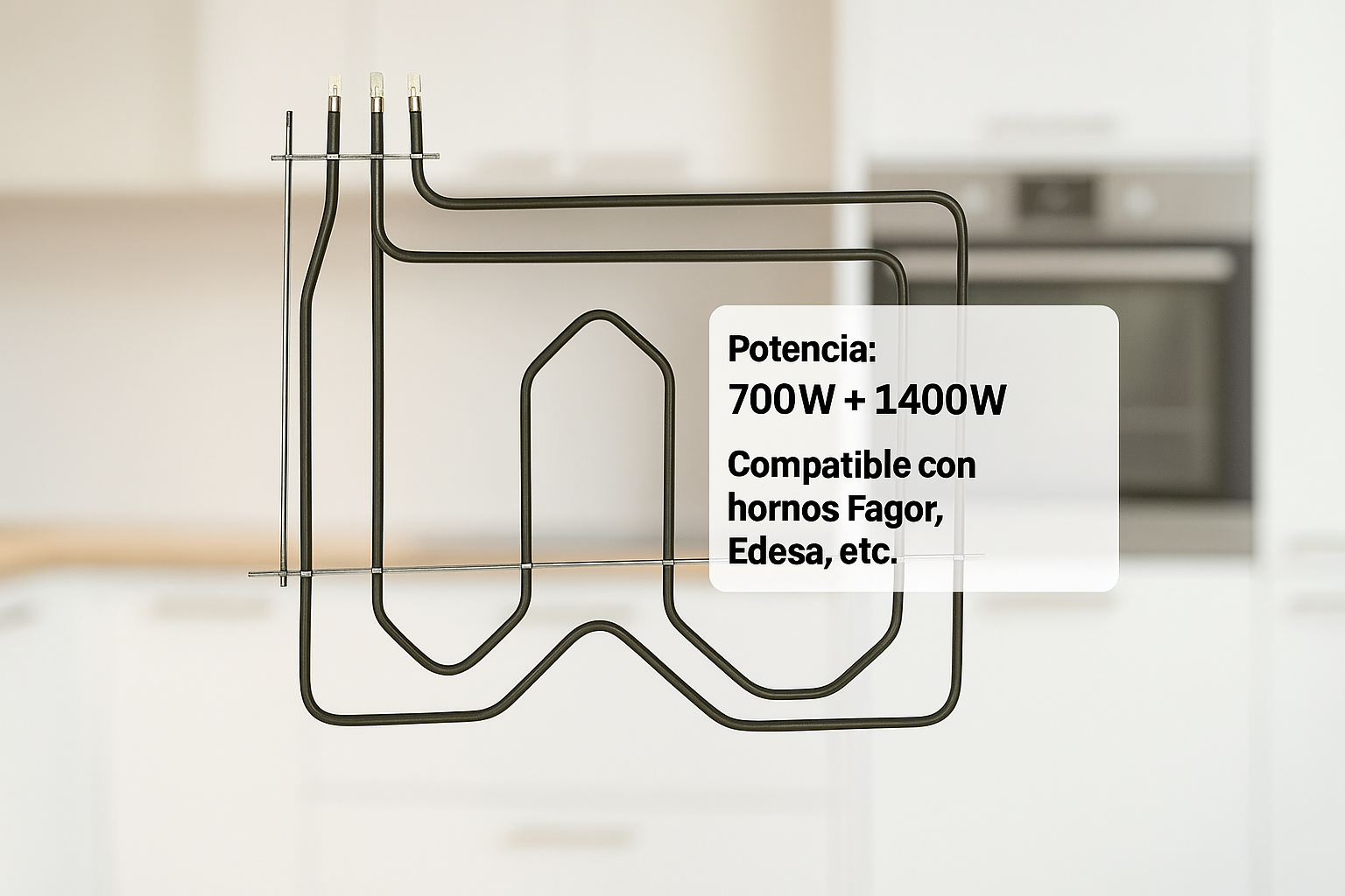 Resistencia negra de horno. Superposición de texto: 700W+1400W. Compatible con hornos Fagor, Edesa. Fondo de cocina.