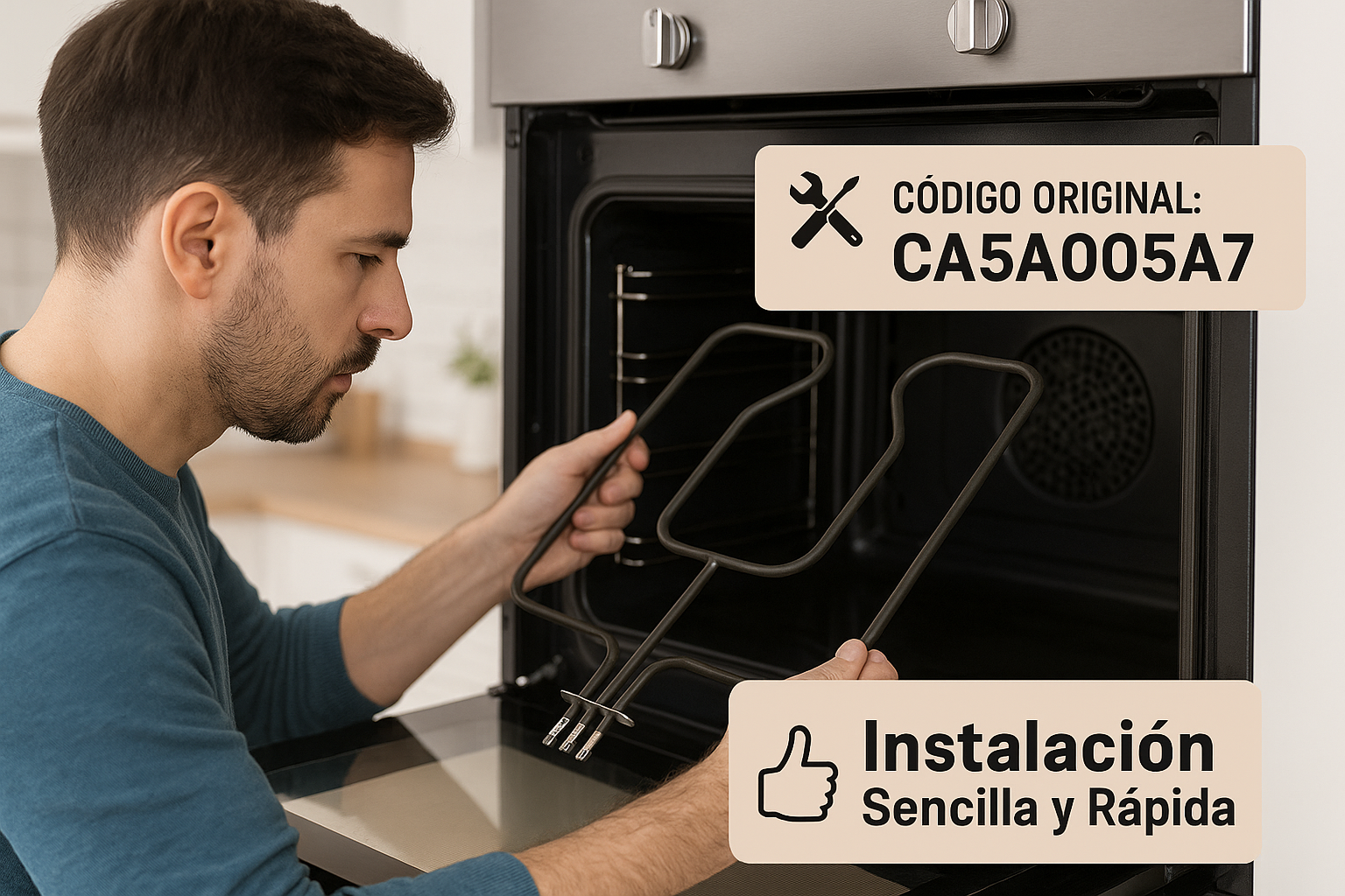 Un hombre instala un elemento calefactor del horno. Texto: Código original: CA5A005A7 e Instalación fácil y rápida.