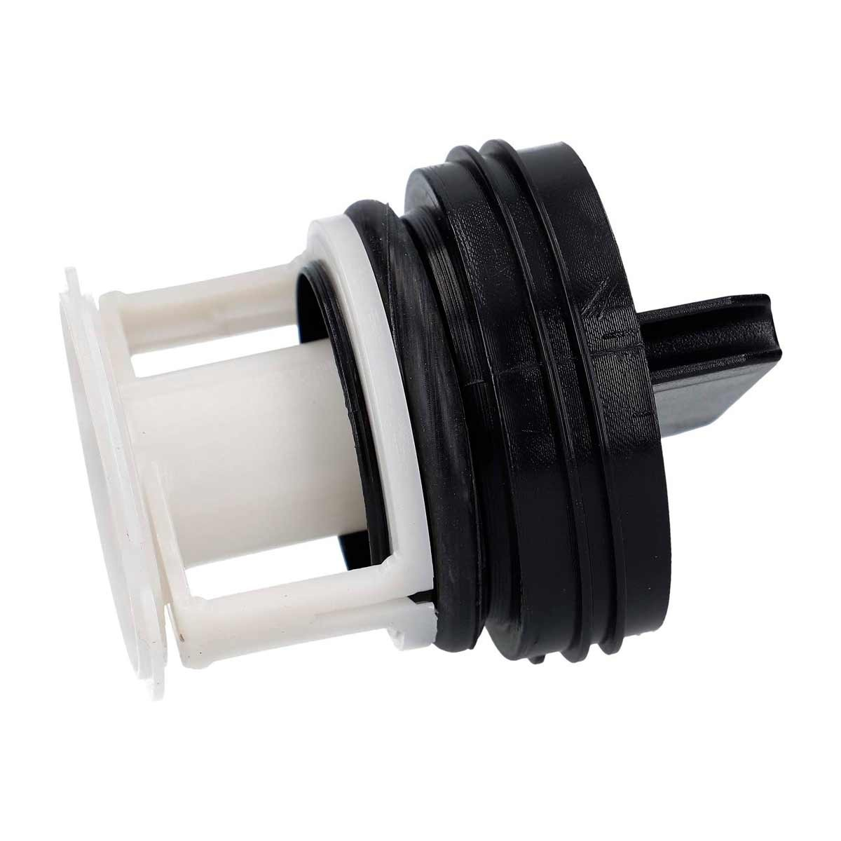 Una pieza de plástico blanco y negro de lavadora. Tiene forma cilíndrica con un componente blanco central y anillos negros.