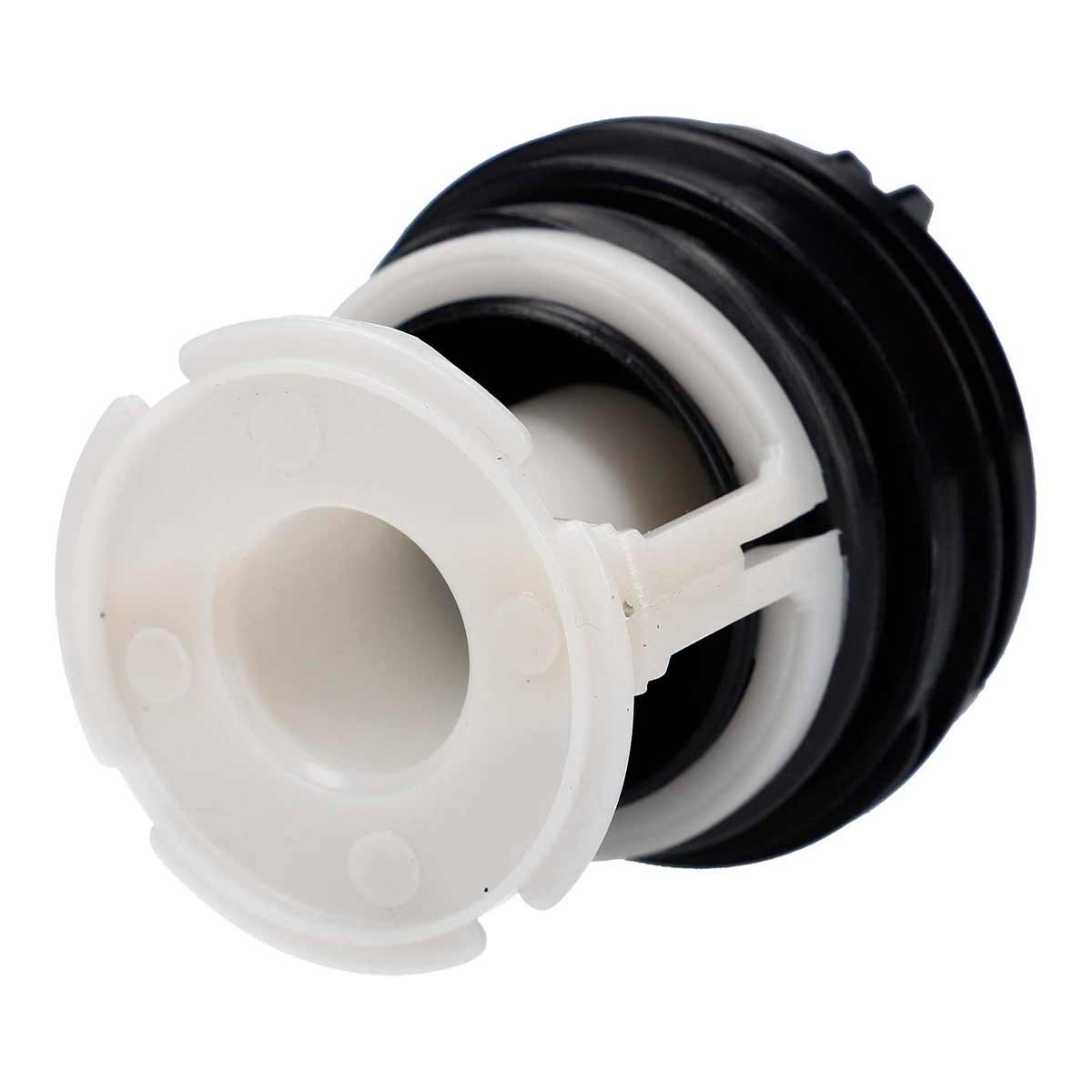Un componente de plástico blanco y negro con forma cilíndrica. Tiene una abertura central y varias partes salientes. El fondo es blanco.