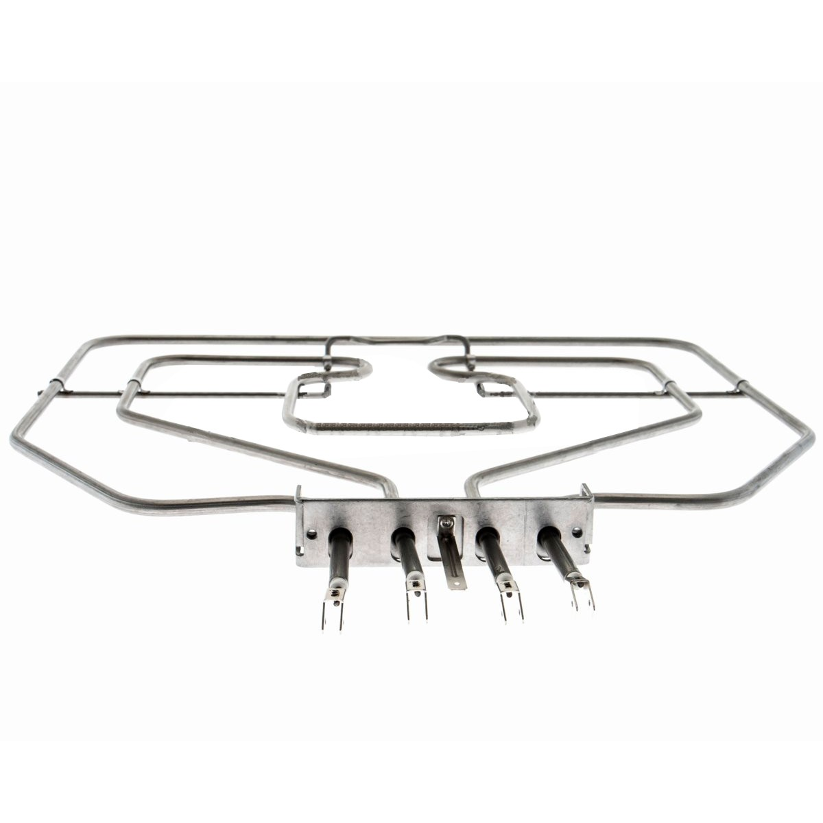 Un elemento calefactor metálico para un horno, con varios puntos de conexión. Tiene forma rectangular con una serie de curvas.