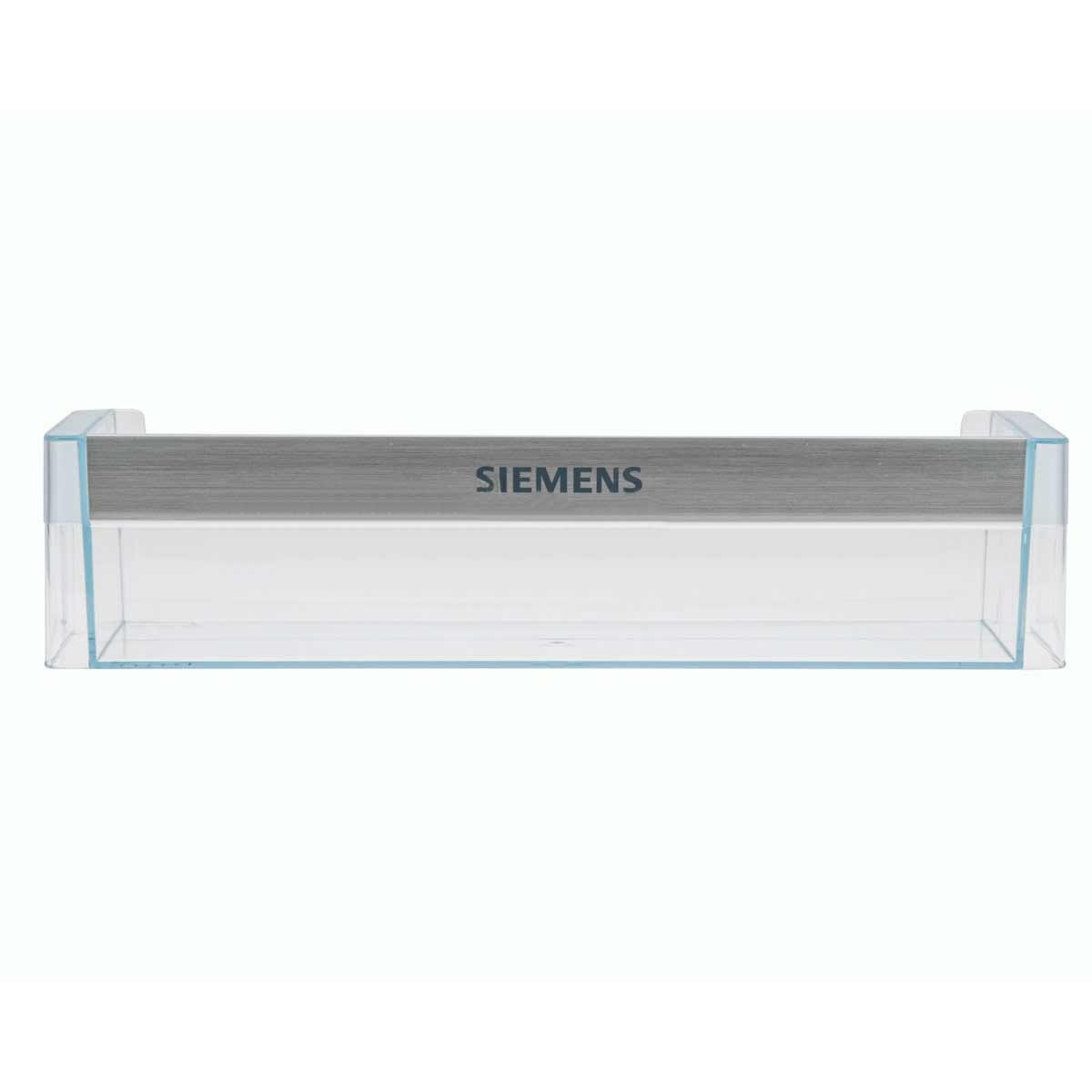 Un cajón de refrigerador de plástico transparente con una manija gris. La manija tiene la palabra 'SIEMENS'.