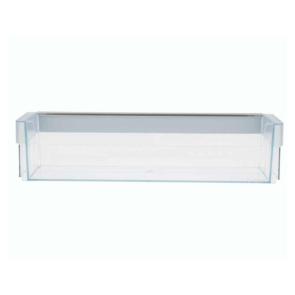 Un cajón de refrigerador de plástico transparente, rectangular con la parte superior gris claro. Fondo blanco.