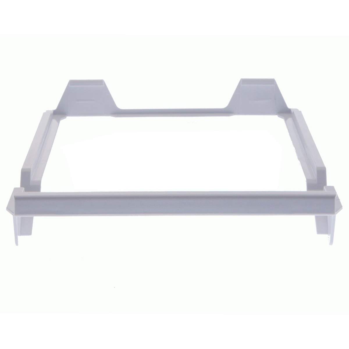 Un marco rectangular de plástico blanco con esquinas anguladas y dos secciones elevadas a lo largo del borde superior, sobre fondo blanco.