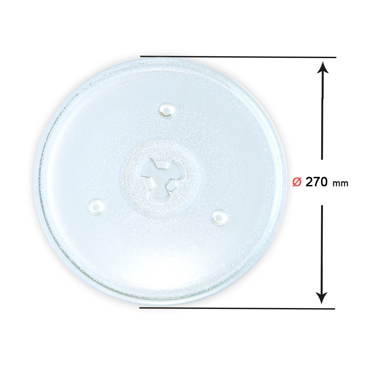 Un plato de microondas de vidrio transparente con un diámetro de 270 mm, con un diseño central único y tres pequeñas hendiduras.
