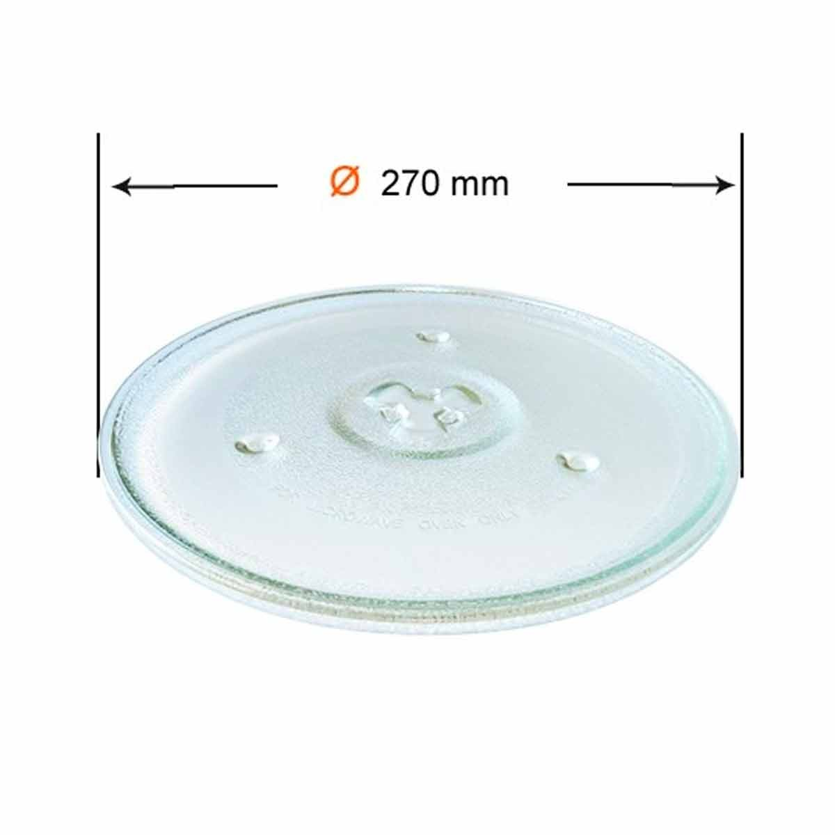 Plato de microondas de vidrio transparente, 270 mm de diámetro. Tiene zonas elevadas y un centro. Texto visible.