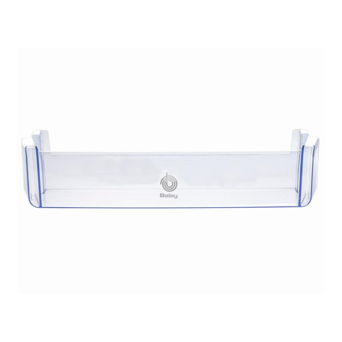 Un estante de refrigerador de plástico transparente con el logotipo de Balay en el centro. El estante es rectangular con lados elevados.